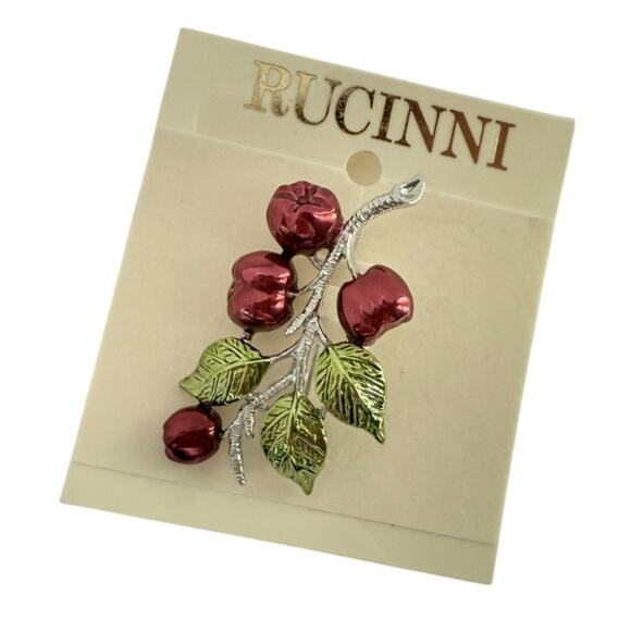 NWT Silver Plated Enamel Red Apples on Branches with Leaves 1.25" x 2.3" - Picture 1 of 2